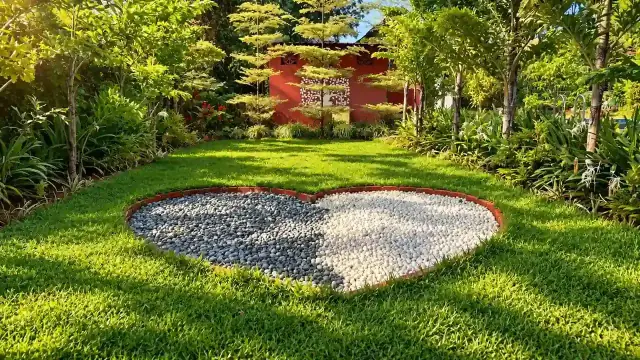 Heart-shaped pebble garden on the lawn